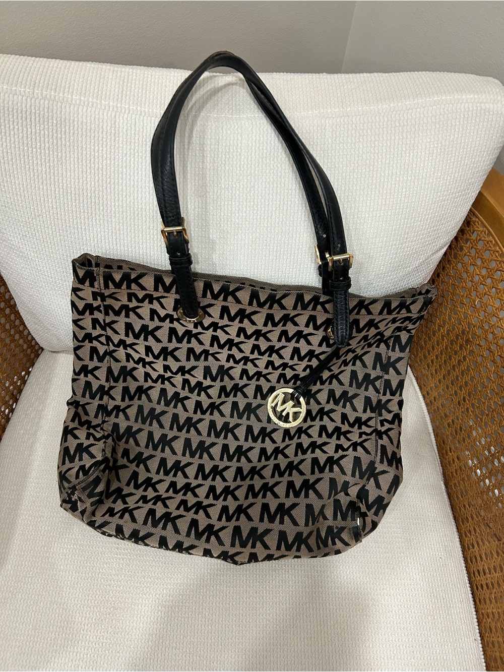 Michael Kors Brown MK Logo Canvas Tote with Black Leather Handles